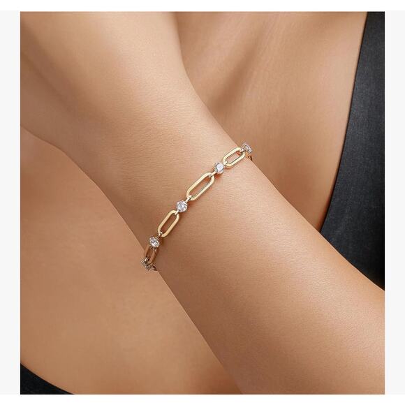 Paperclip Bracelet with CZ Stones – 7” Gold Chain Strand - Picture 3 of 3